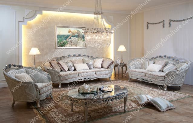 Carved Loveseat Wood Sofa with Antiqued Silver Finish
